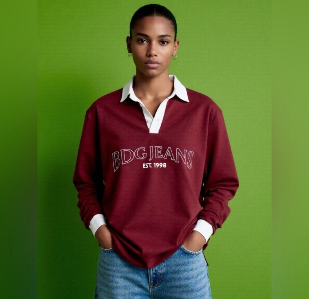 BDG Urban OutfittersLong Sleeve Logo Rugby T-Shirt in Burgundy Size XL TG